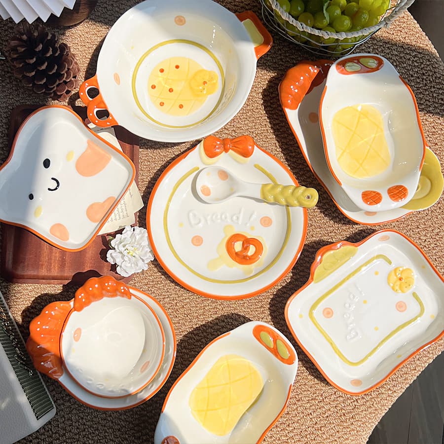 Bread Tableware Set Cream Style Creative Home High Gloss Underglaze Color Ceramic Rice Bowl One-Person Meal Bowl Plate Spoon