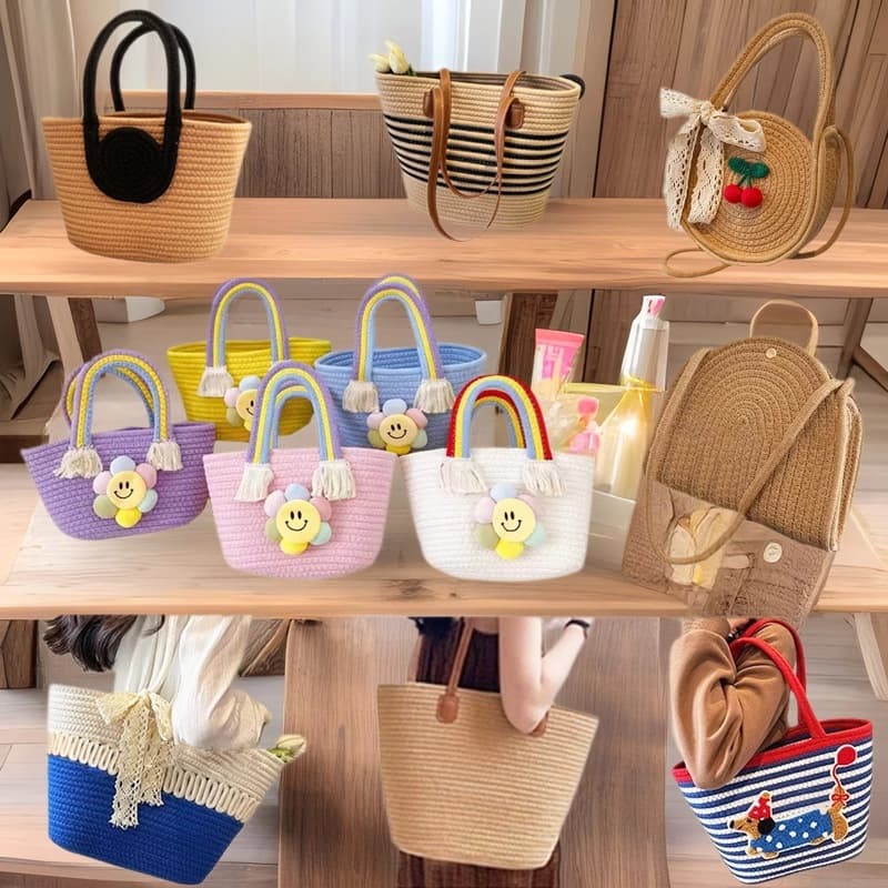 Cotton rope woven bag, cotton rope handbag, shoulder bag, hollow beach bag, tote bag, rainbow woven bag