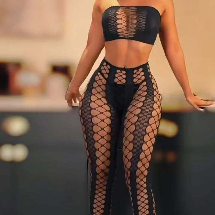 Sexy lingerie sexy 2-piece suit European and American hot style hollow mesh open stockings semi-transparent hot girl suit