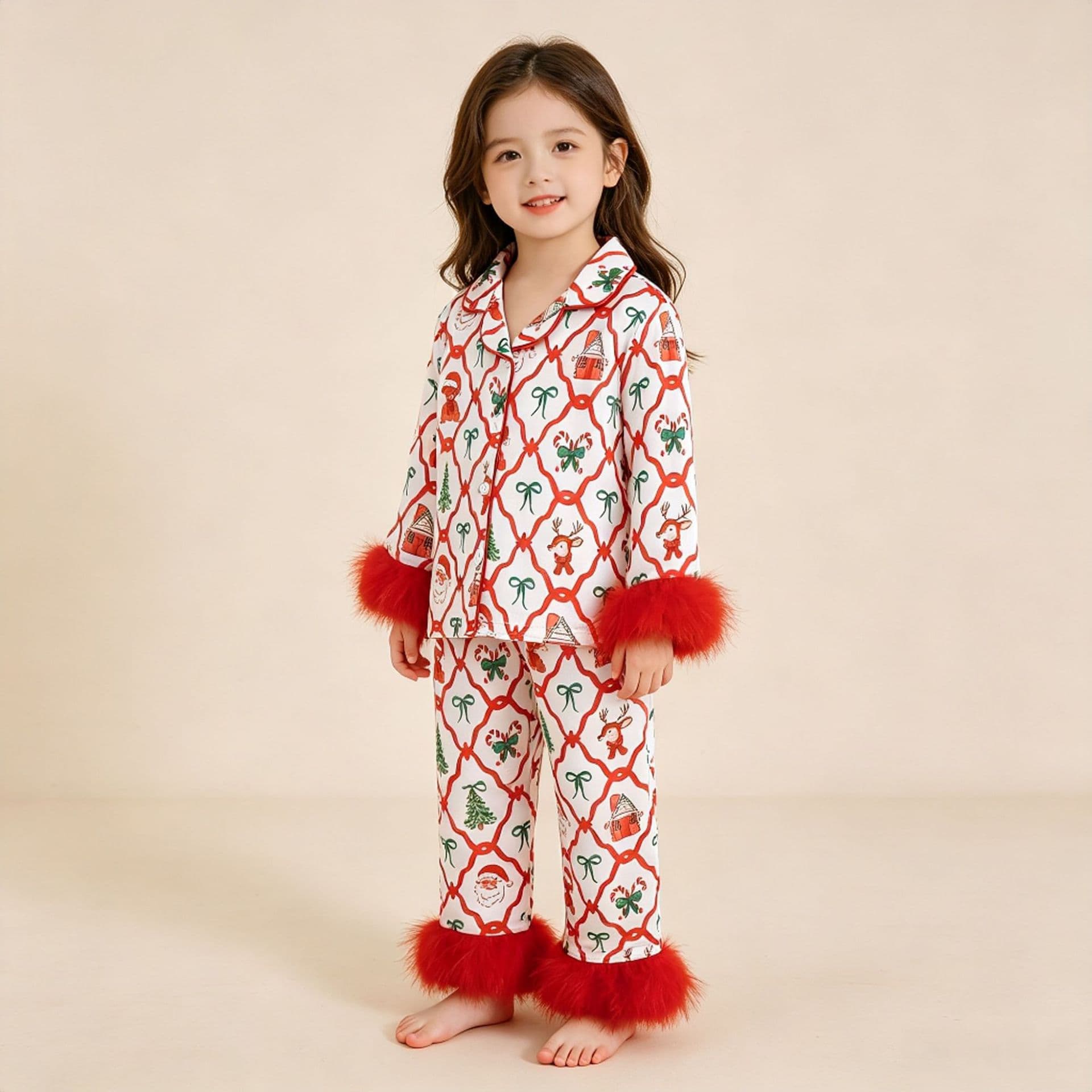 Wholesale Kids Autumn Christmas Long-Sleeve Pajama Set with Bow Print Children's Sleepwear Loungewear