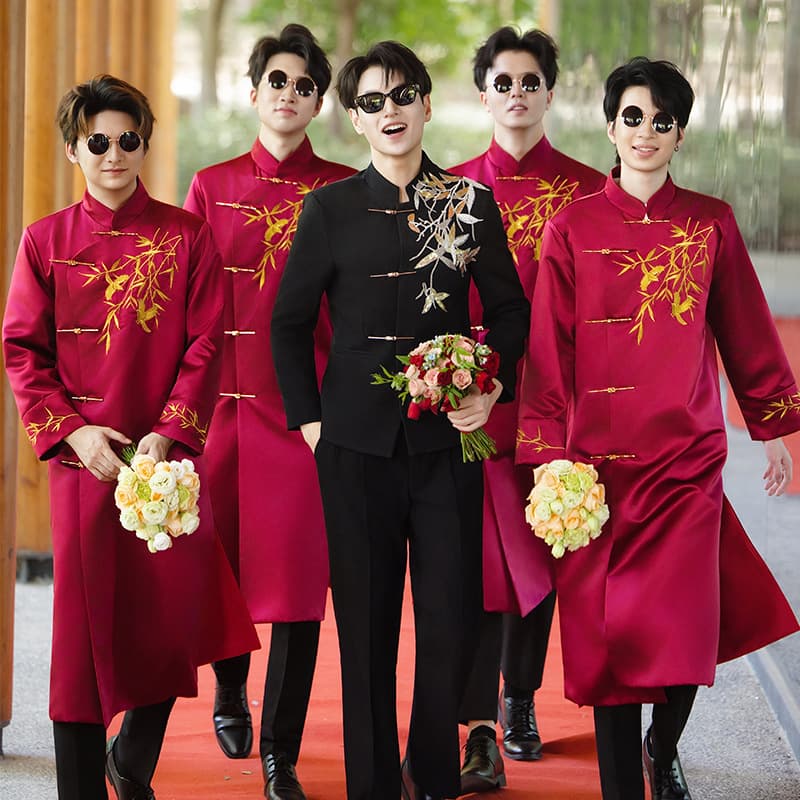 Groomsmen Chinese-style suits, funny traditional Chinese wedding Tang suit, long gown, cheongsam, groomsmen suits for the brother group men
