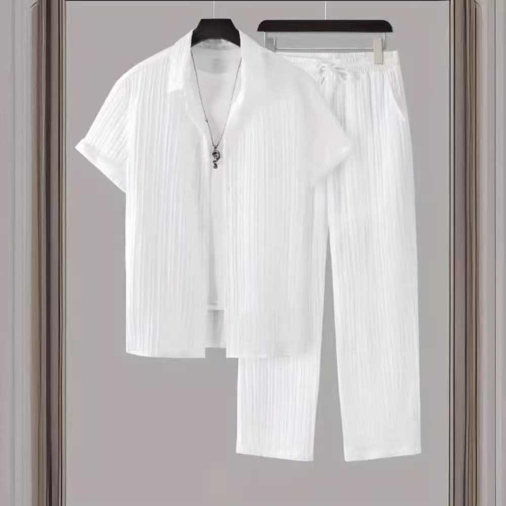 Cross-border Europe and America New Solid Color Short Sleeve Shirt and Pants Set Multi-color Slub Wrinkle Men's Casual Summer Wholesale Available