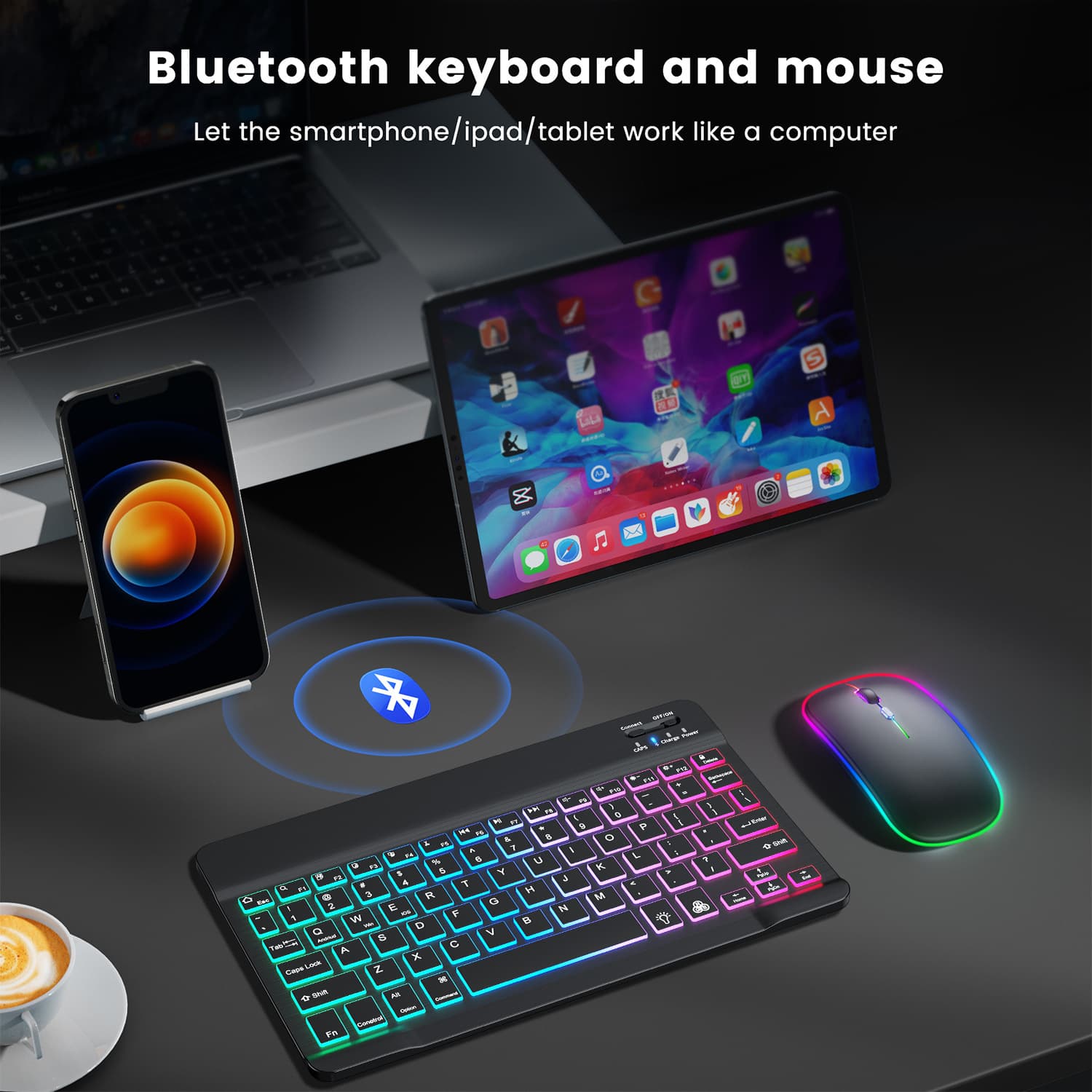 Wireless backlit Bluetooth keyboard suitable for ipad mobile phone tablet RGB colorful gradient luminous keyboard and mouse set