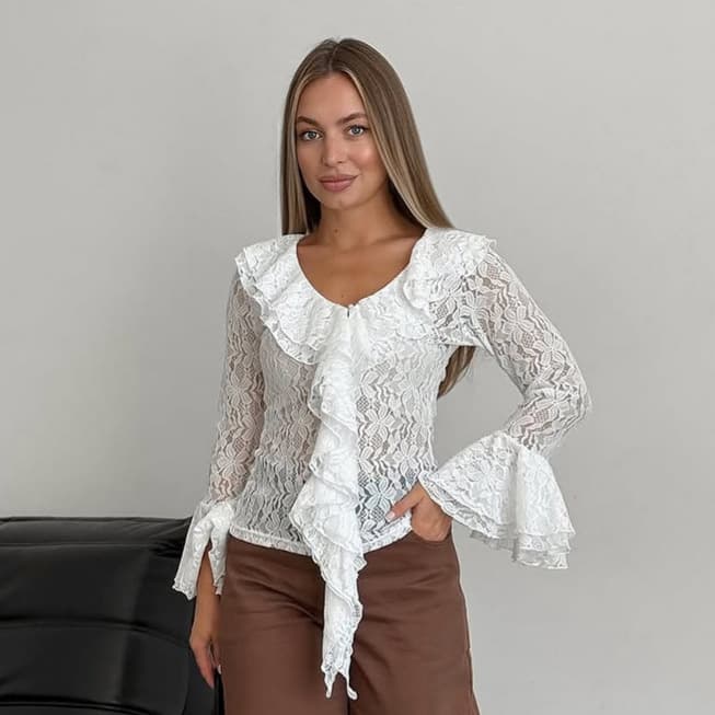 French design brocade lace knitted see-through hollow long-sleeved T-shirt for women 2026 spring new high-end top