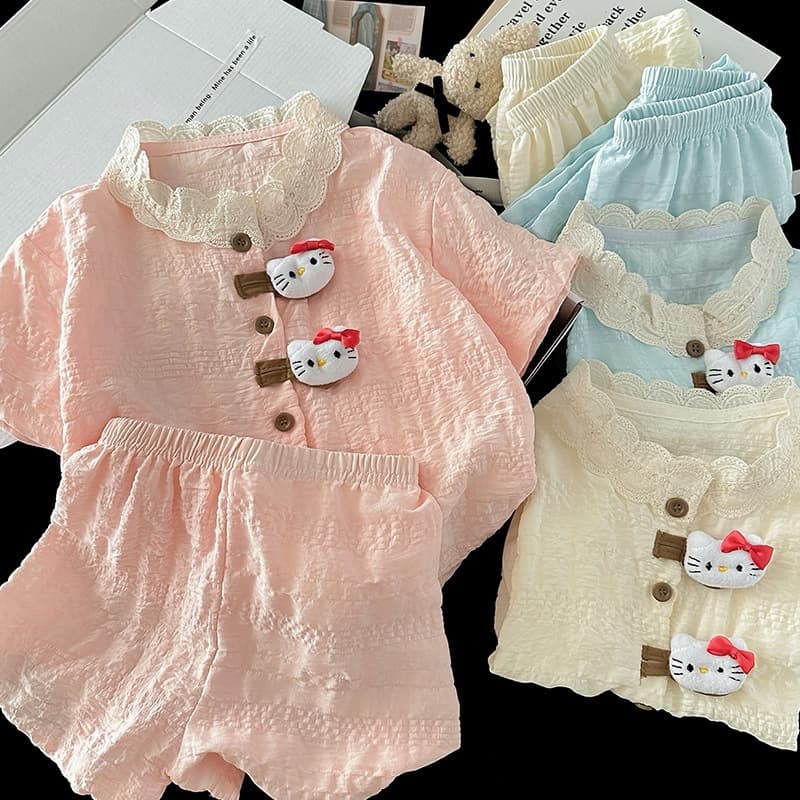 Yunduo cotton children's pajamas girls summer thin short-sleeved suit girls middle school students sweet home clothes
