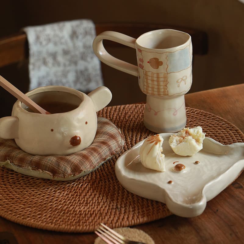 Korean cute bear tableware set for home cream-style ceramic underglaze color one-person hand-kneaded tableware breakfast plate