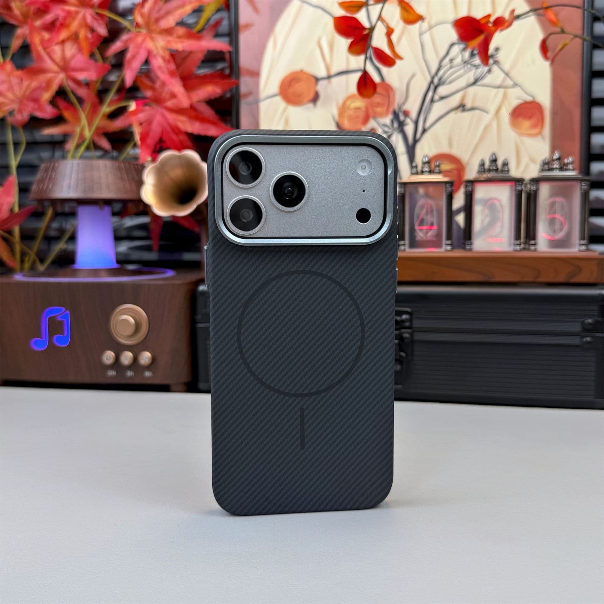 Compatible with iPhone 17 Pro Max Kevlar Hydrographic Pattern Phone Case, Apple 16 Pro Magnetic Metal Lens Ring