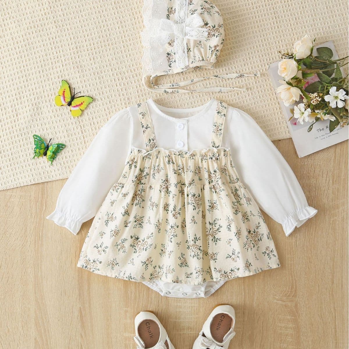 Spring Autumn Baby Clothes Floral Print Strap Princess Harie Dress Long Sleeve Baby Clothes Climbing Skirt Cotton Onesie for Newborn Girls