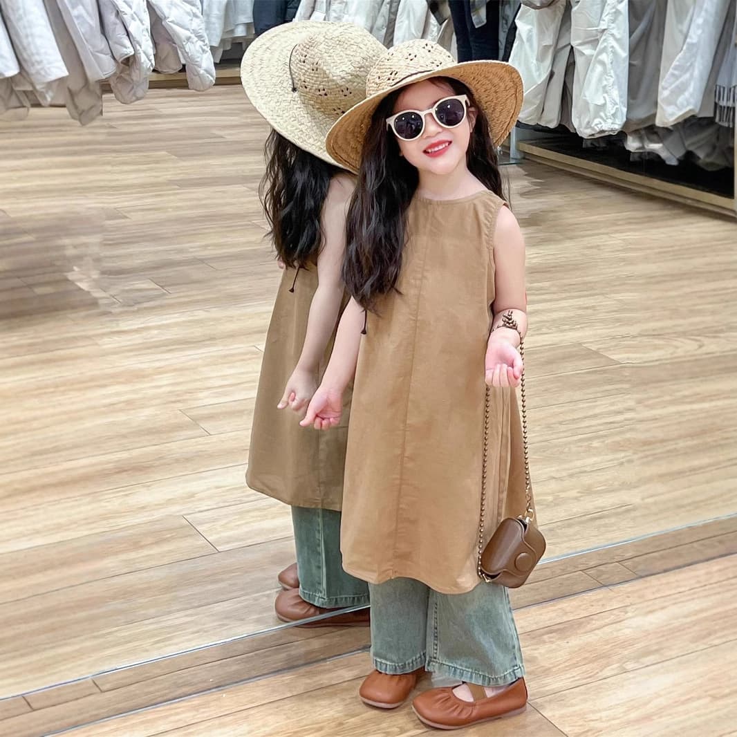 Girls summer seaside vacation careful backless linen tank top sleeveless suspender dress + ripped jeans