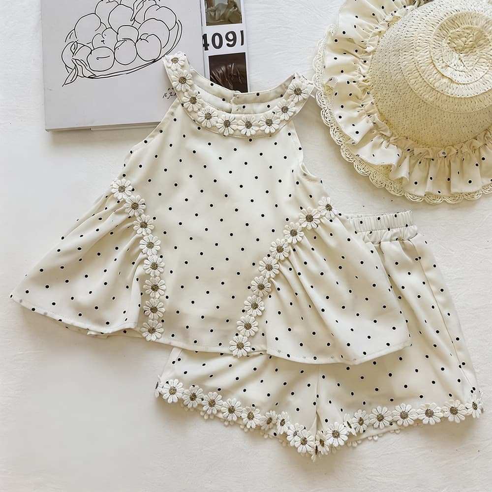 Girls' polka dot halterneck round neck daisy lace top set summer new daisy lace shorts two-piece set