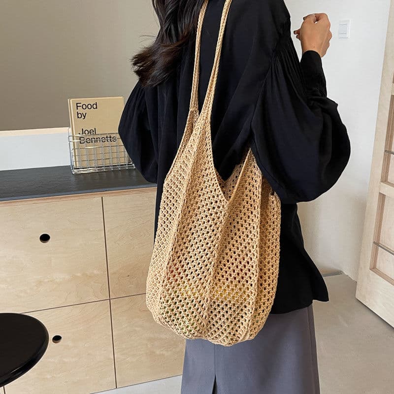 Casual Large Capacity Cotton Woven Bag New Hollow Straw Woven Bag Lazy Style Shoulder Bag Holiday Beach Bag Women's Bag