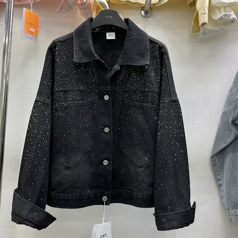 Starry Rhinestone High-End Denim Jacket Long Sleeve Flowing Loose Design Trendy Coat Streetwear New