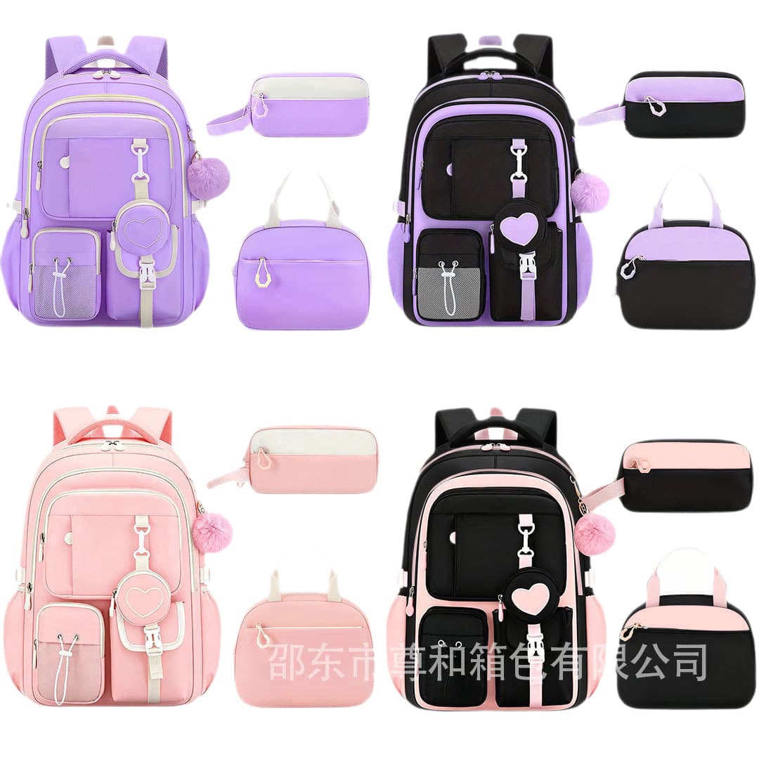 New Cross-border Elementary School Backpack Spine Protection Lightweight Large Capacity Heart Three-piece Set Middle School Girls Backpack