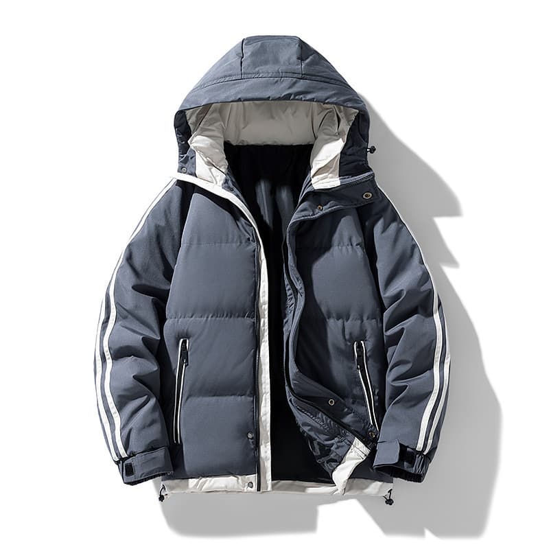 Men's Trendy Thick Cotton Coat with Hood, Winter Warm Jacket, Two-Stripe Design