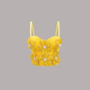 Luqiuguo Hot Girl Style Yellow 3D Flower Camisole Vest Top for Women, Shapewear Fishbone Corset Top with Rhinestones DB2034
