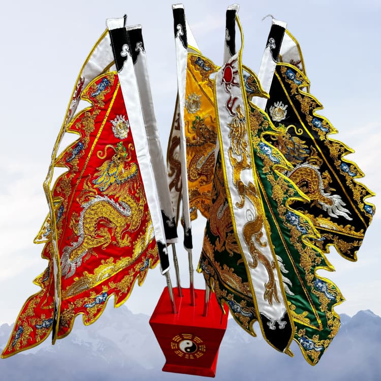 Five-Color Flag, Double-sided Five-Dragon Flag, Solid Wood Bagua Base Flagpole Set, Premium Taiwan Version Golden Thread Flag Recommended
