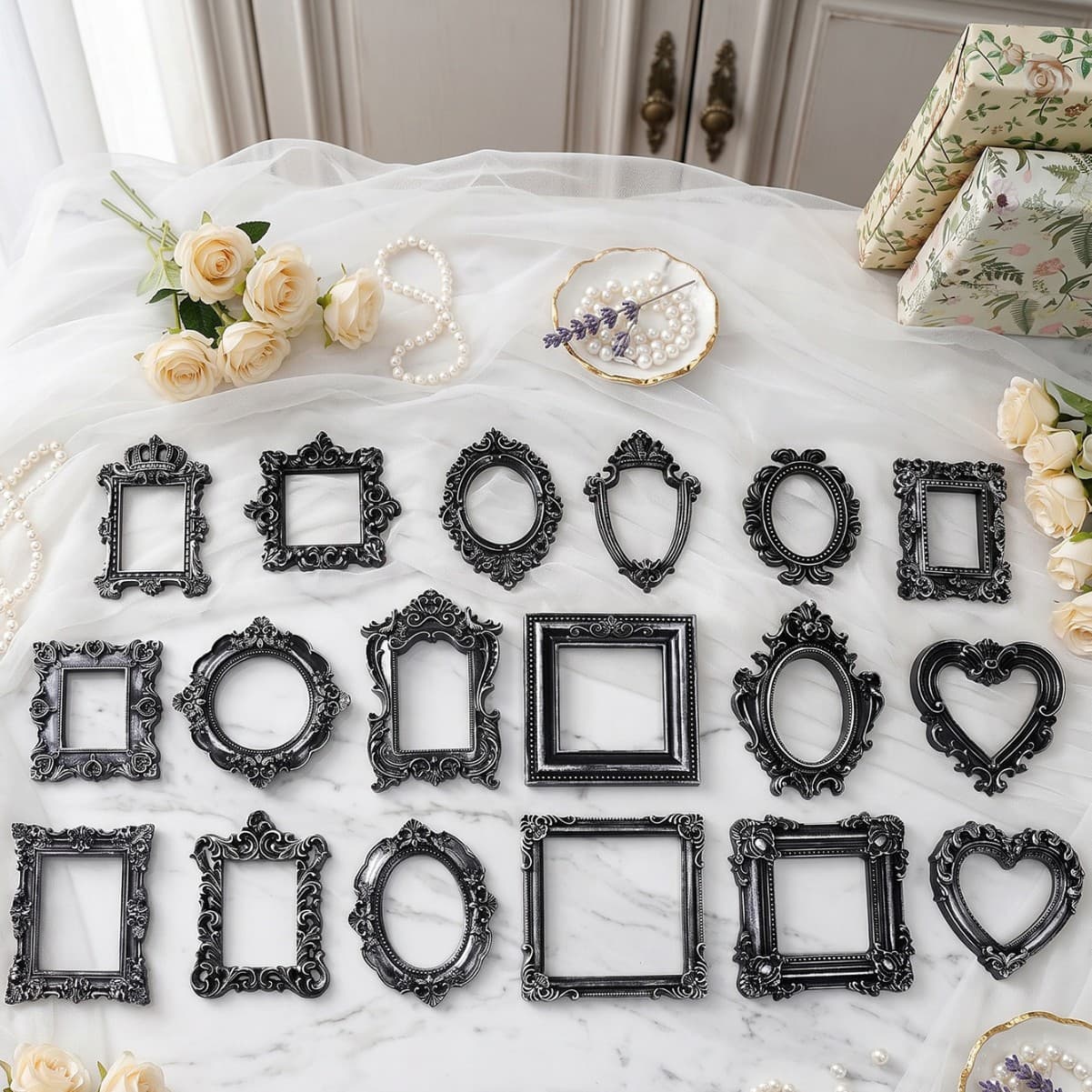 European Vintage Resin Prop Black Silver Picture Frame Stand Relief Carving Antique Creative Atmosphere Photography Prop