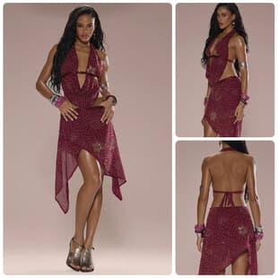 Wine Red Halter Two-Piece Set Women's Draped Neckline Deep V Backless Tie Vest Irregular High Slit Skirt Set