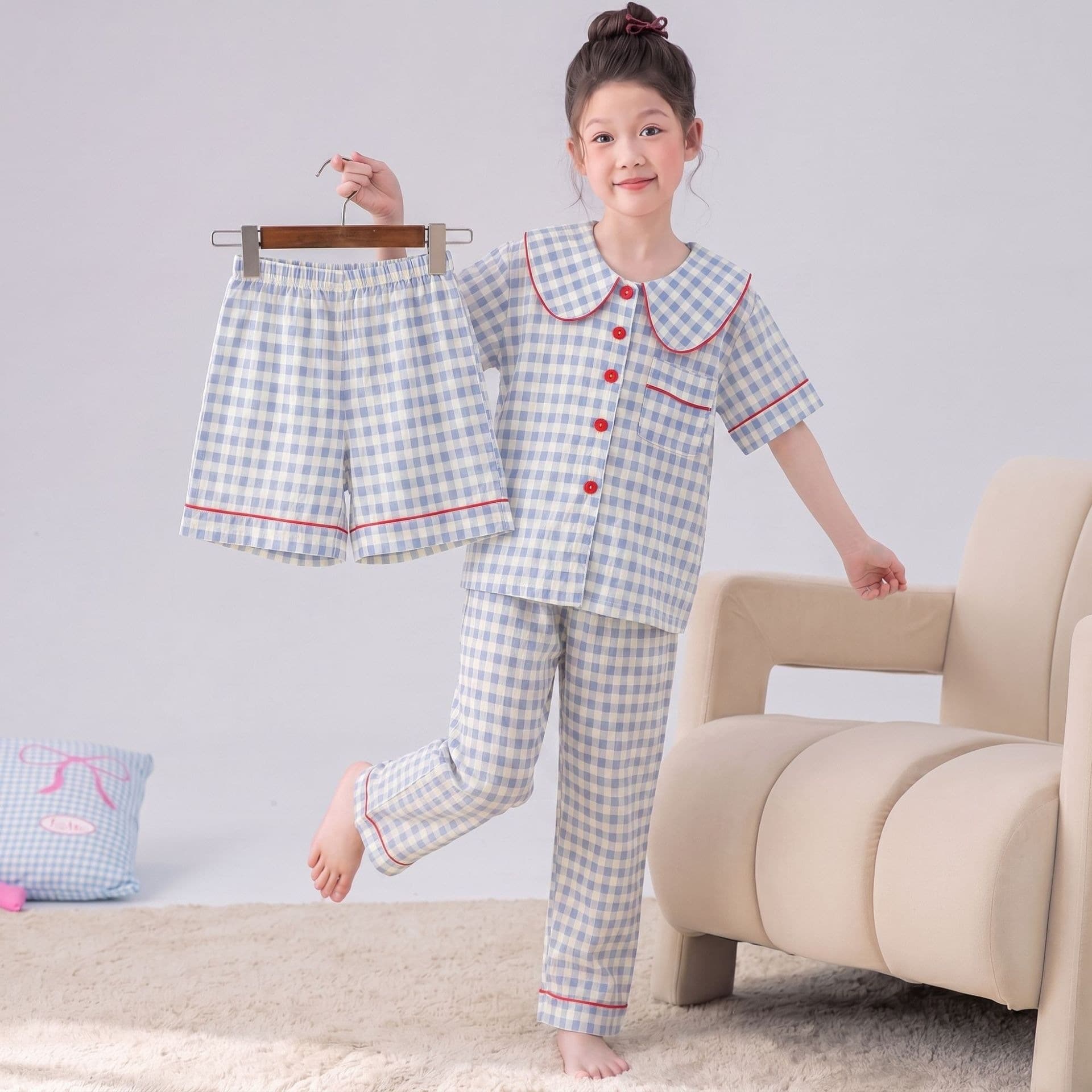 Children's pajamas three-piece set girl baby pajamas spring and autumn long-sleeved cloud cotton thin children's student home clothes