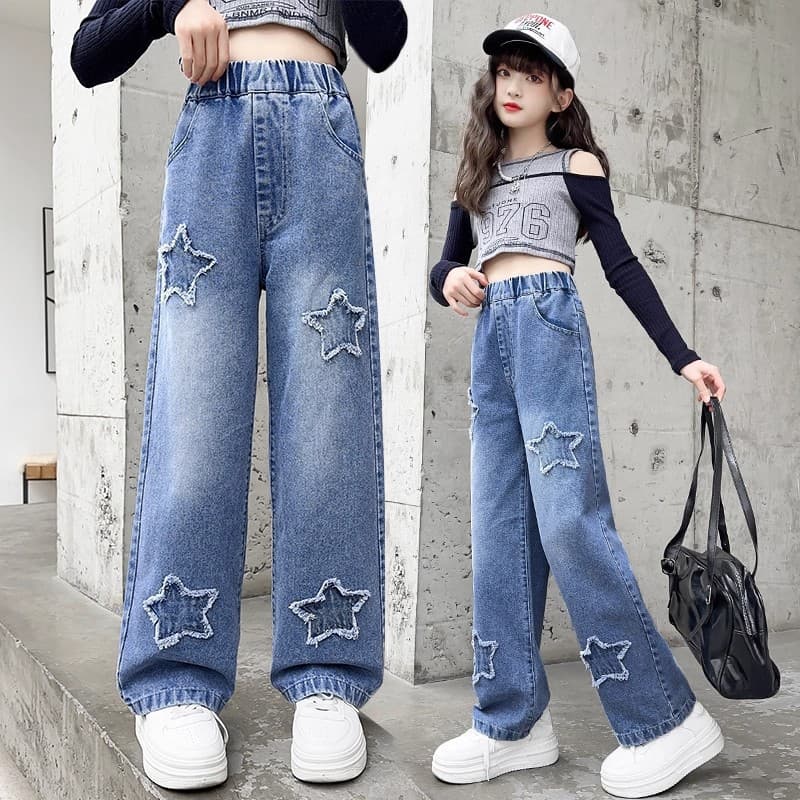 Girls' Jeans Spring and Autumn Style New Straight-Leg Casual Wide-Leg Pants for Older Children Girls Kids
