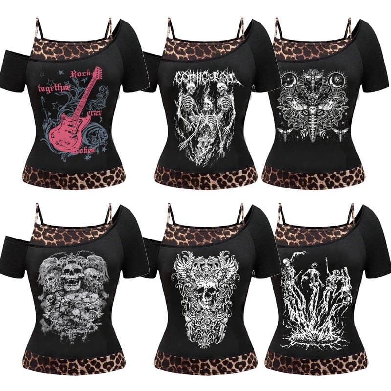 AliExpress Cross-border 2025 Summer New Women's Fashion Creative Sexy Leopard Print Black Top T-shirt