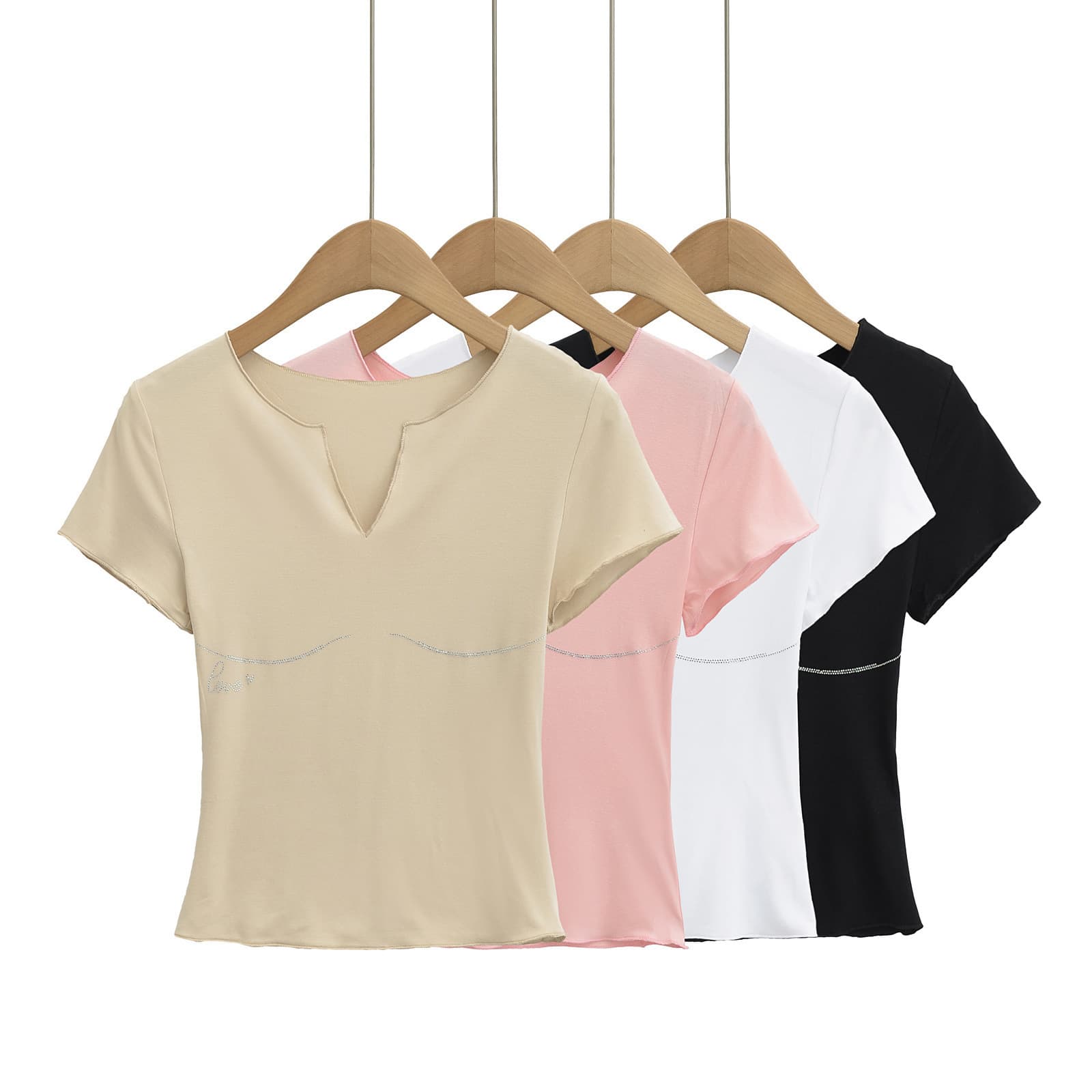 European and American Style Women's Rhinestone Short Sleeve V-Neck T-Shirt Summer New High Waist Sexy Bodycon Solid Color Top