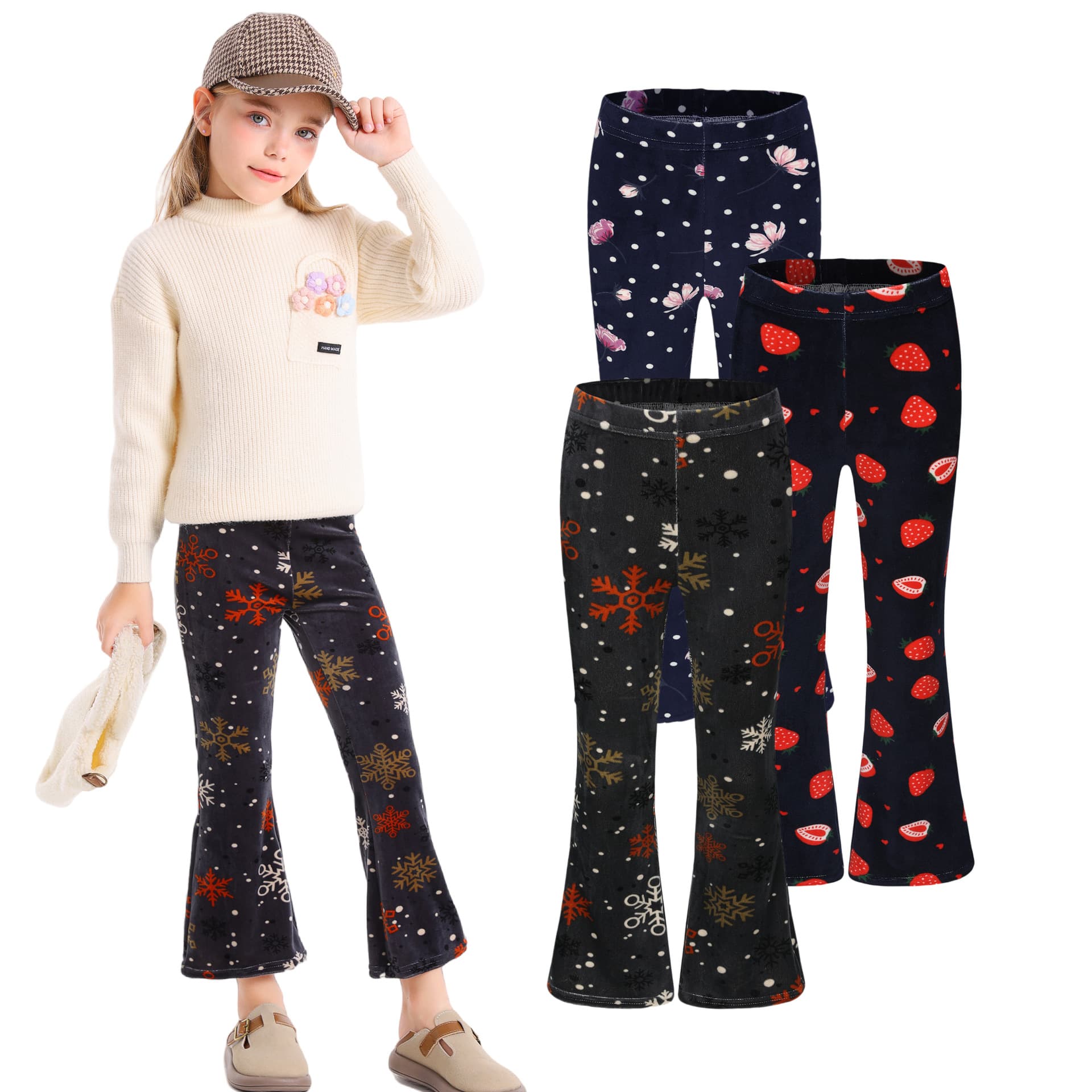 New Autumn/Winter Thin Girls' Printed Flared Pants, Silver Fox Fleece Print Children's Long Pants