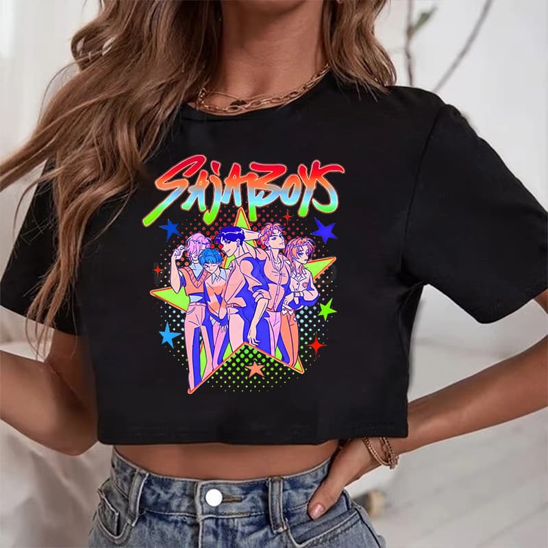 Fashionable Short Shoulder T-Shirt Demon Hunter KPop Group Women's Top Cross-Border Polyester Fiber Crew Neck Patch Decor