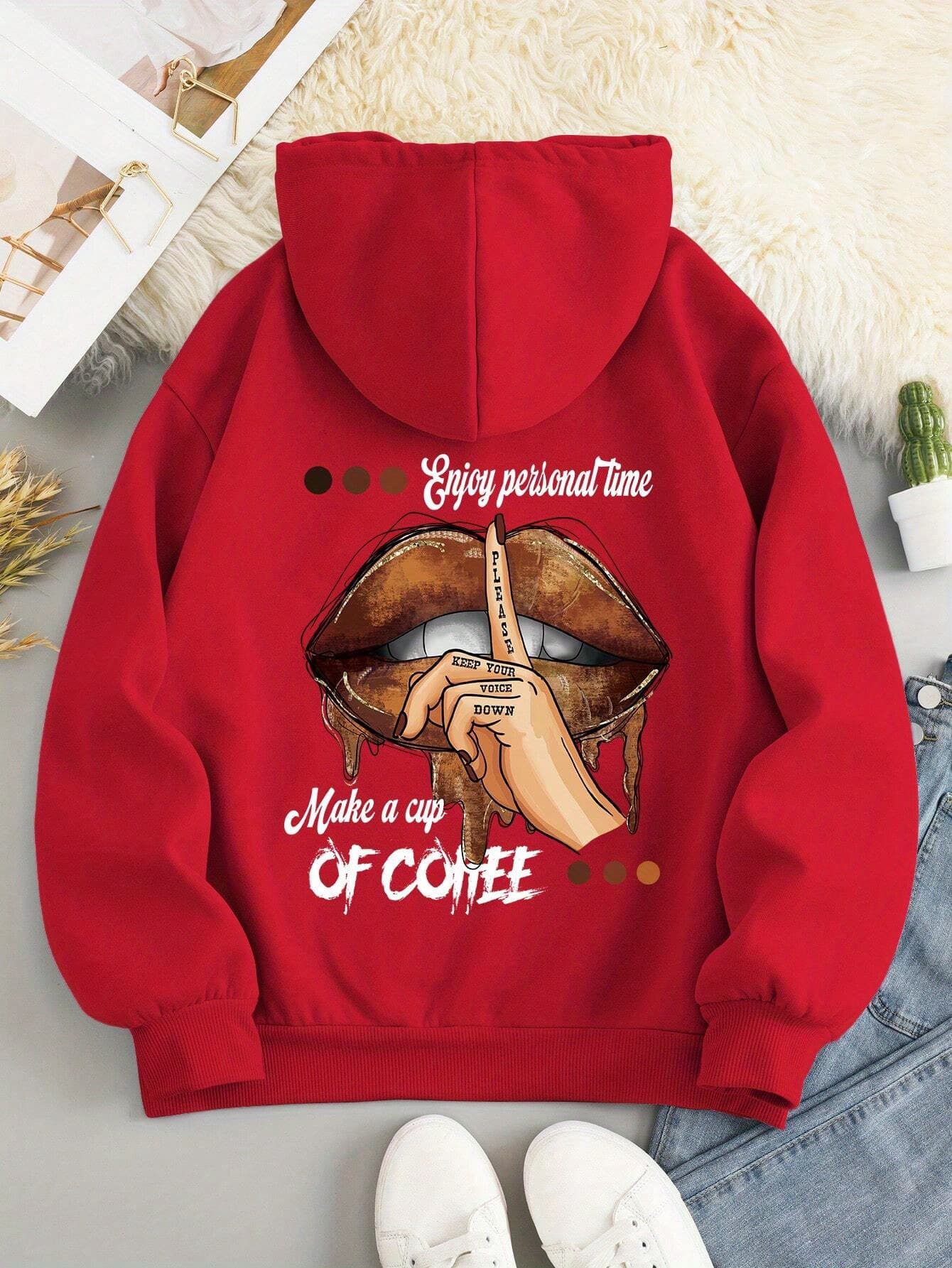 New Lip Print Kangaroo Pocket Hoodie, Casual Long Sleeve Drawstring Hoodie, Sweatshirt, Women's Sweatshirt