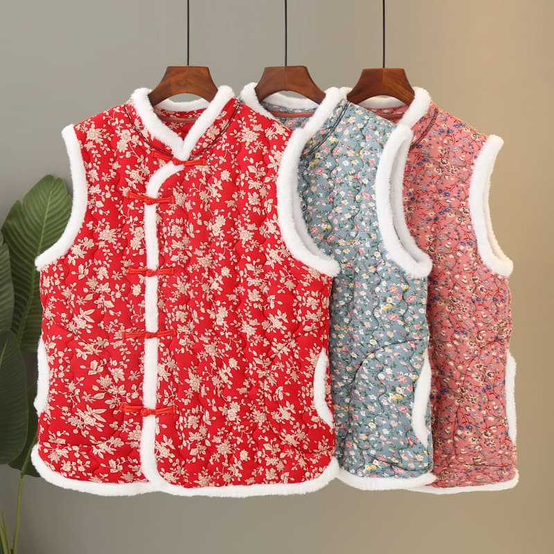 Autumn/Winter Cotton Vest for Women, Quilted Northeastern Floral Cotton Jacket, Chinese Style Festive Floral Plus Size Cotton Garment Thick Performance Costume