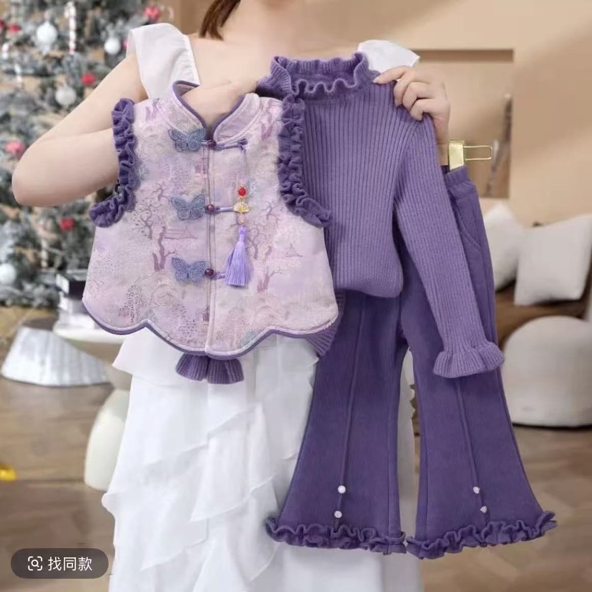 Girls' Chinese New Year Outfit Set Winter Baby Velvet-Lined Thick Warm Chinese-Style Tang Suit Fashionable Clothes