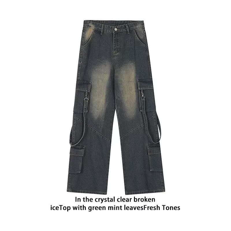 Micro-elastic trousers summer retro washed multi-pocket ribbon design overalls zipper regular denim straight