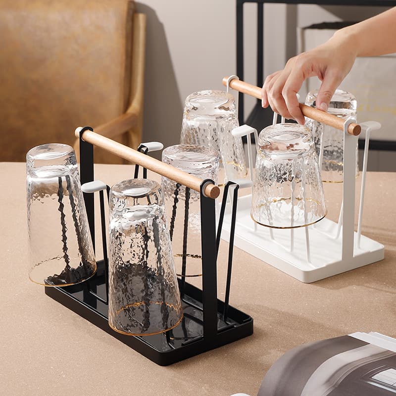 Iron cup holder for home use, integrated tray and cup holder with handle, Nordic style, kitchen cup storage.