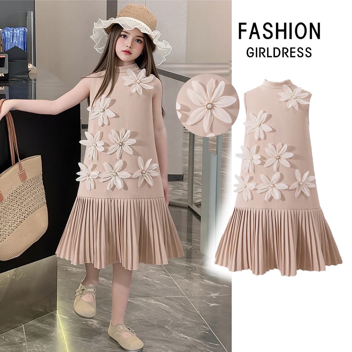 Girls Summer Korean Style Dress, Children's Sleeveless Floral Pleated Skirt, Hot-Selling Cross-Border Kids Dress