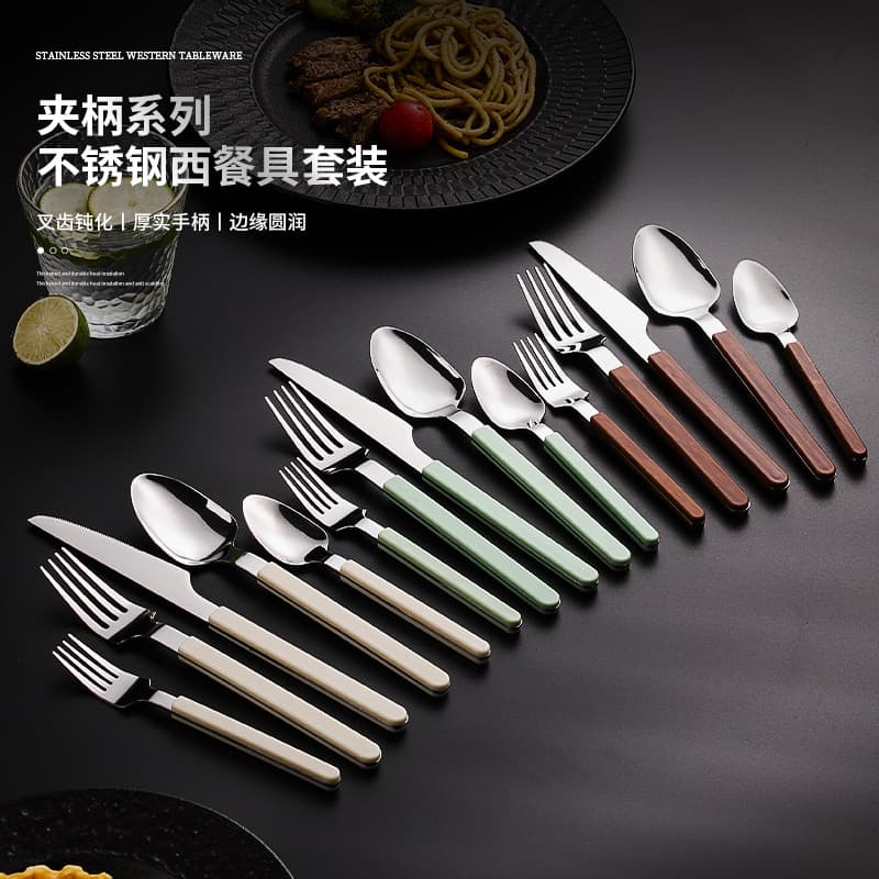Cross-border imitation wood grain stainless steel knife, fork and spoon set, thickened Western-style steak knife with clip handle, tableware for home use, dessert spoon and fork