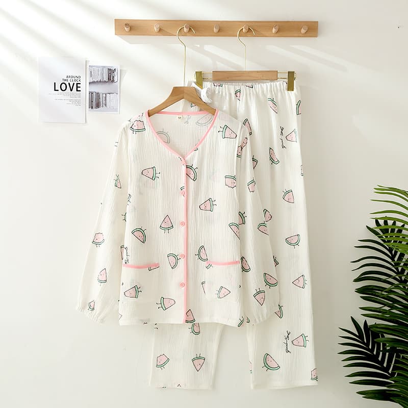 Pure Cotton Double-Layer Crepe Postpartum Sleepwear for Spring and Summer, Sweat-Absorbent and Breathable, Sweet Solid Gauze Nursing Homewear for Pregnant Women