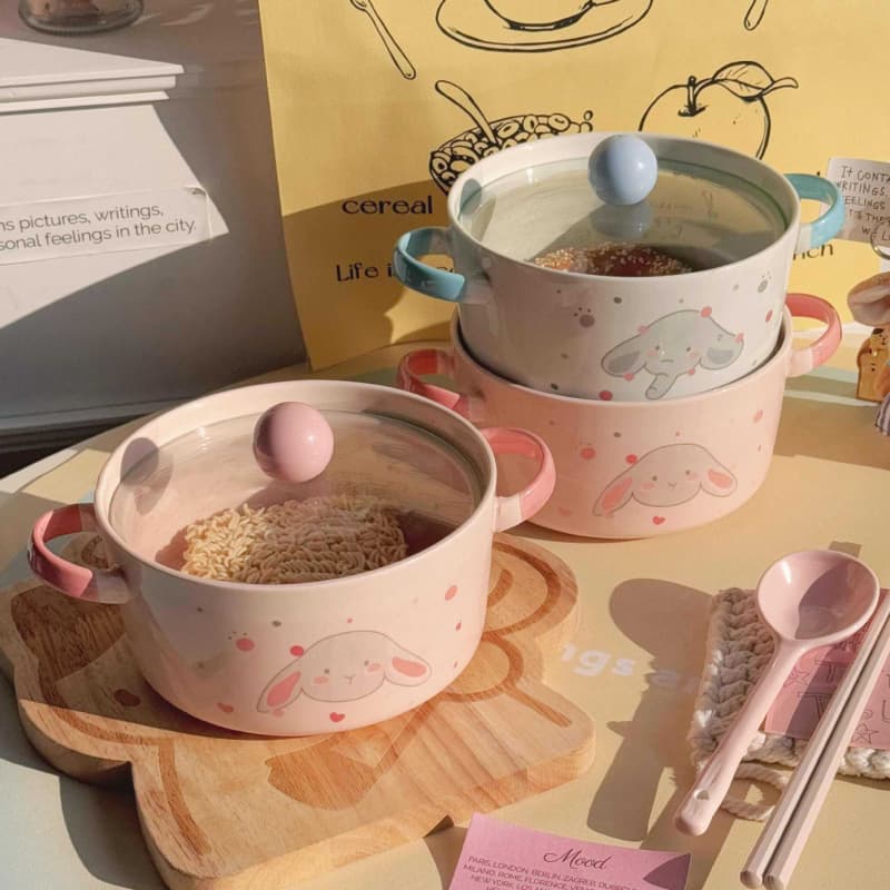 Cute Little Elephant-Shaped Instant Noodle Bowl with Lid, Large Capacity, Ceramic Bowl for Dormitory Students, Double-Ear Snail Noodle Bowl Tableware
