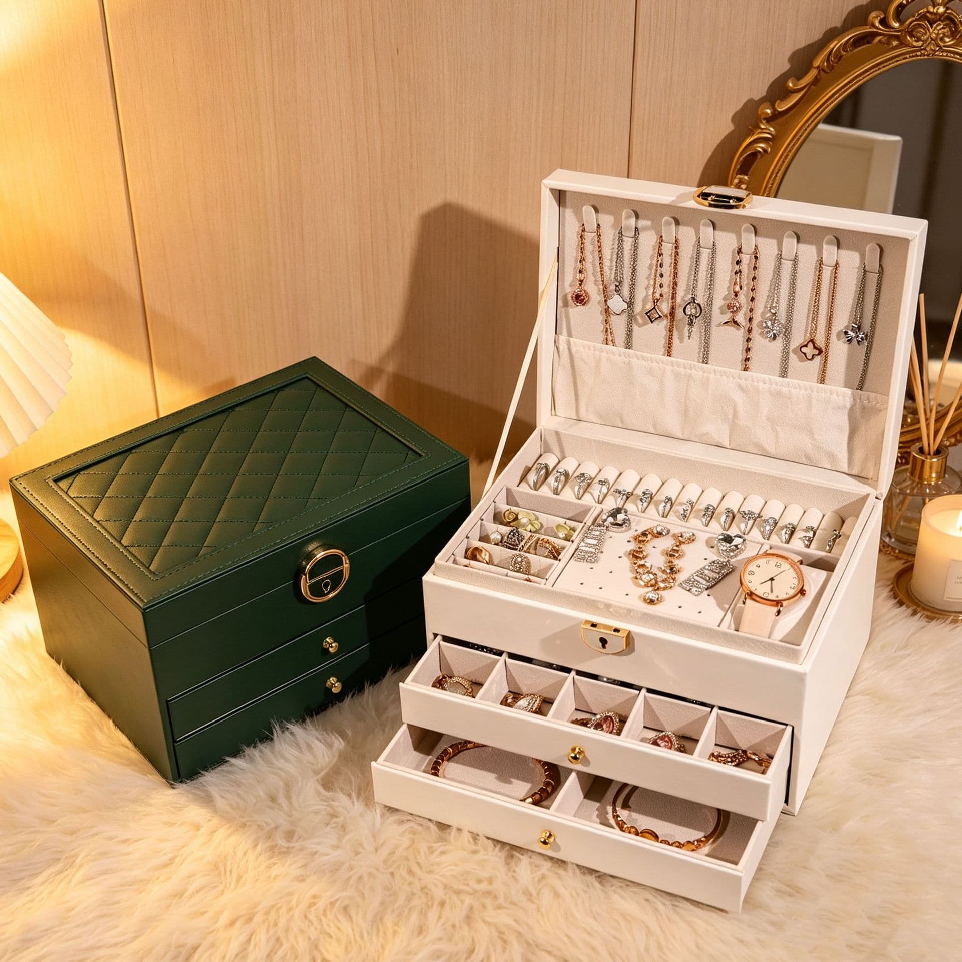 Diamond-Pattern Bracelet Multi-Layer Large-Capacity Jewelry Box Ring Earring Necklace Organizer Desktop Drawer-Style Jewelry Box