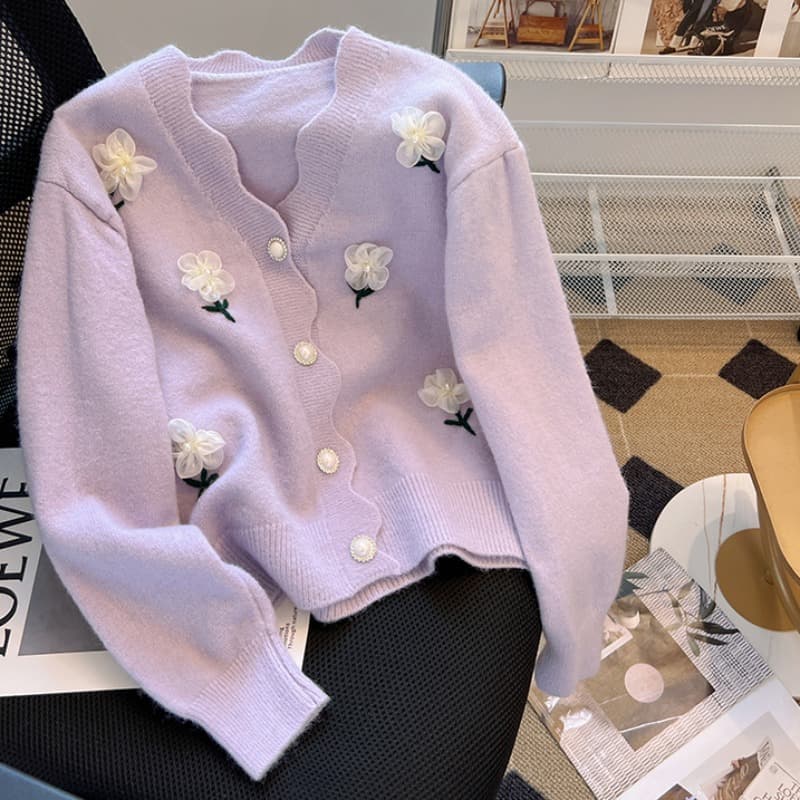 Women's Spring/Fall V-Neck Long-Sleeve Knit Sweater, New Fashion 3D Floral Cardigan Top