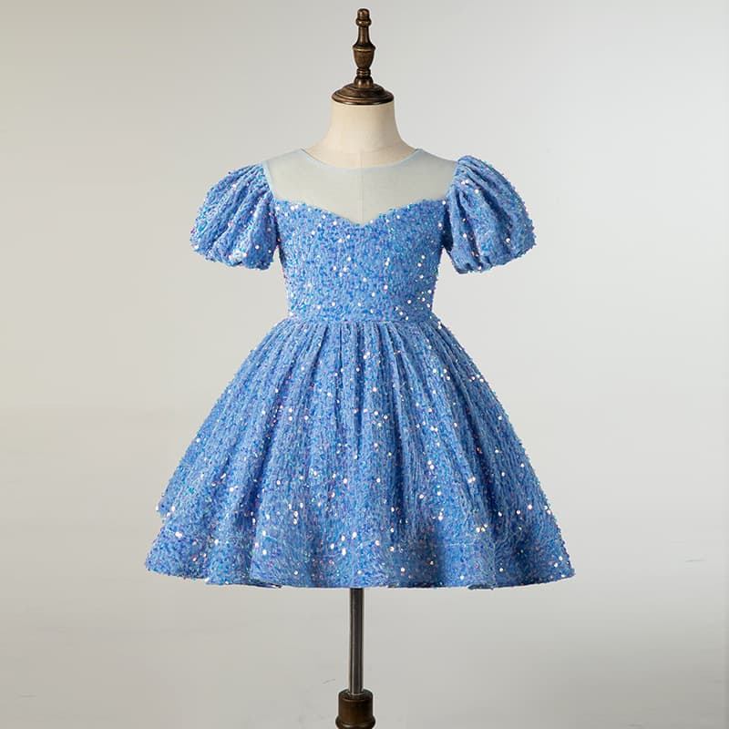 Girls' Birthday Dress Sparkling Bubble Sleeve Princess Gown Blue Piano Performance Outfit Children's Formal Wear Summer Autumn Winter