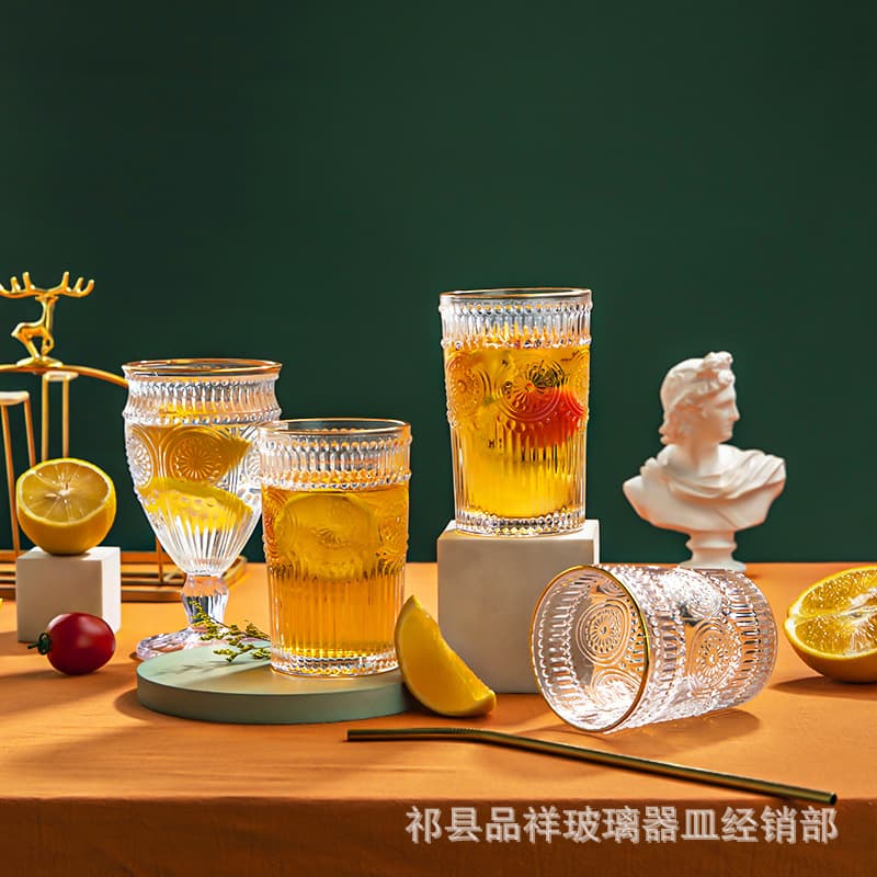 European Style Embossed Glass Cup, Gold Rim, Sunflower Water Cup, Juice Glass, Roman Pillar Vintage Wine Glass, Whiskey Glass