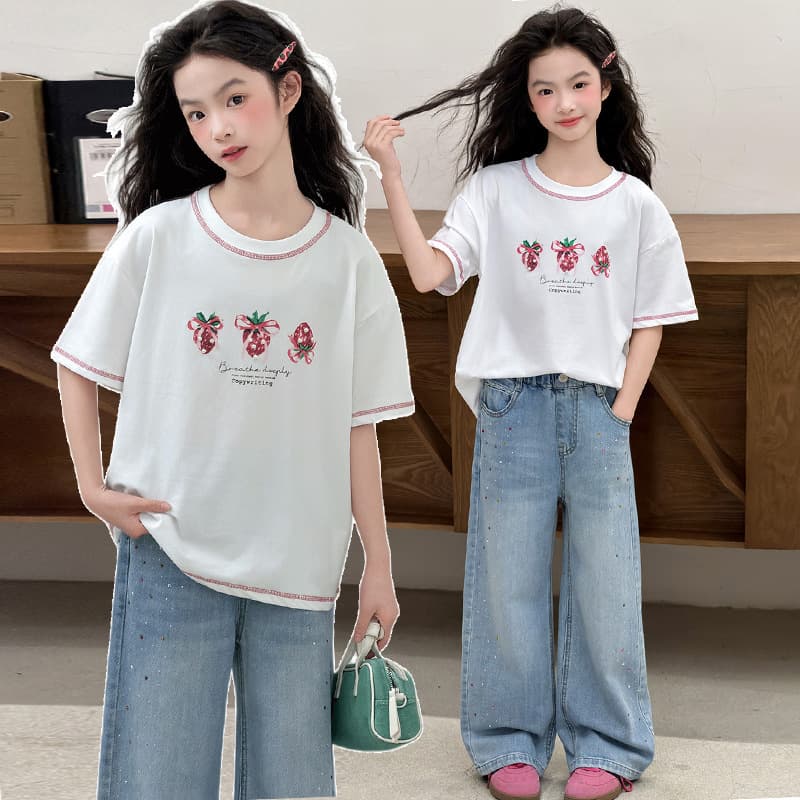 Cross-border Girls T-Shirt Summer New Children's Short Sleeve 2026 Girls Stylish Pure Cotton Half Sleeve Loose Top Trendy Clothing