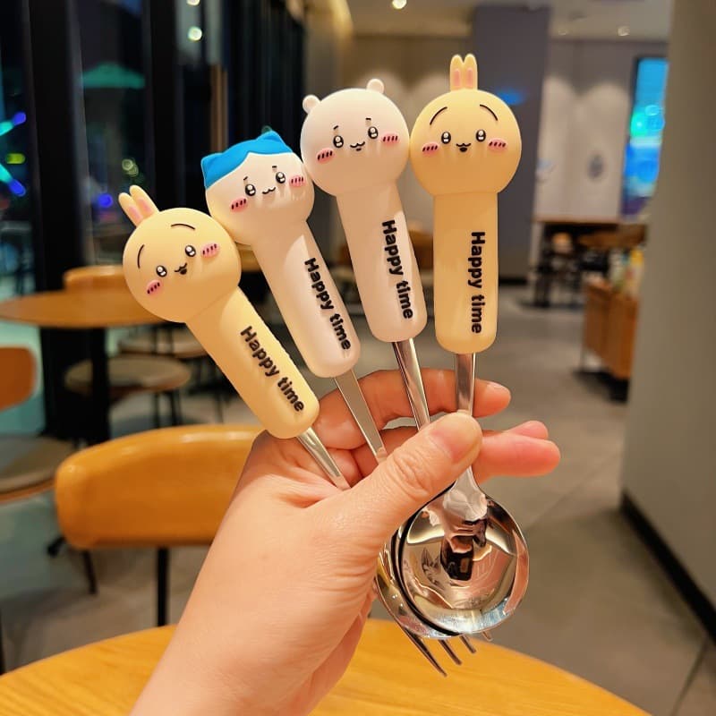 New Chii Kawa Children's Fork and Spoon Set, 304 Stainless Steel with Adorable Portable Storage Case and Chopsticks