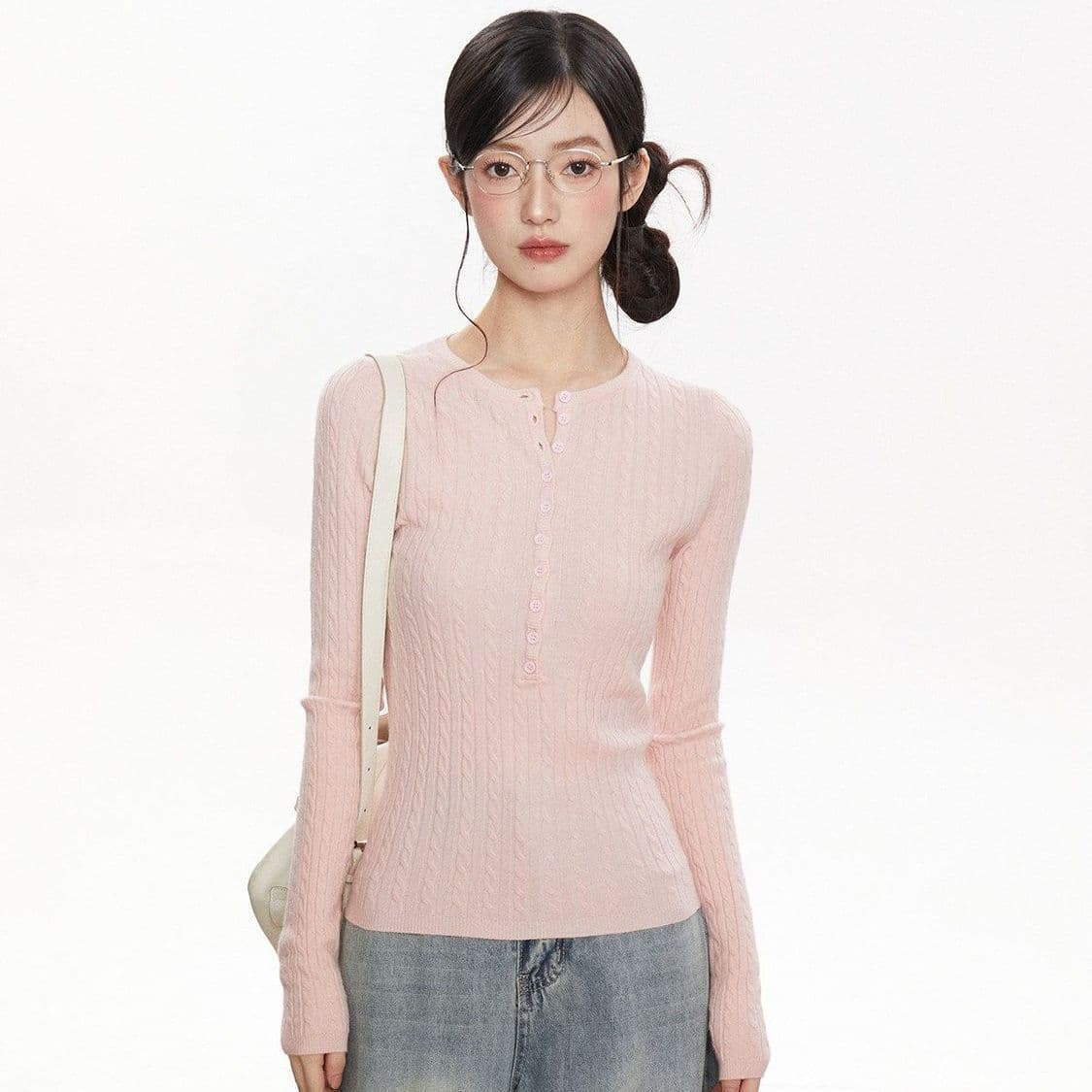 Pink Twist Henley Neck Sweater Women's Autumn and Winter New Slim Fit Bottoming Sweater Long Sleeve Net Red Top