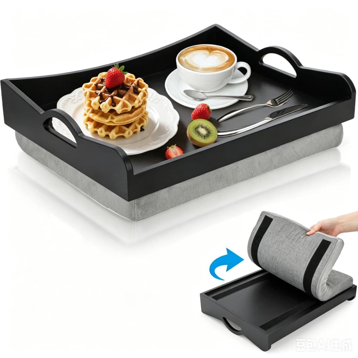 Wooden Handheld Square Tray Deli Board Breakfast Tray Lap Desk with Stand Home Snack Serving Plate