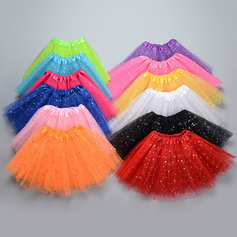 Children's Puff Skirt Tutu Skirt Princess with Sequins, Three Layers and Six Pieces of Mesh Half-Skirt, Tutu Gauze Skirt for Kids