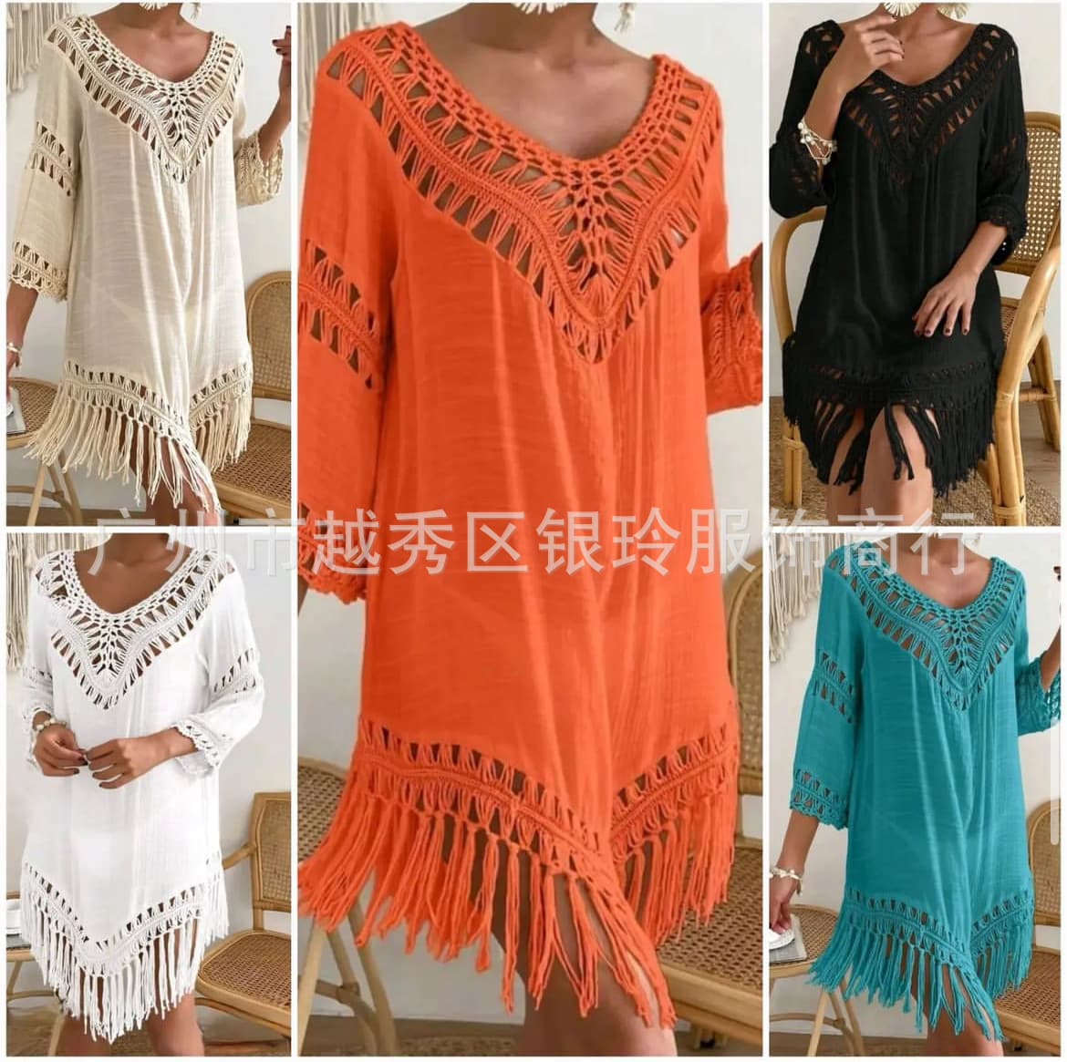 Bohemian Hand-Crocheted Slub Fabric Beach Cover-Up, Hollow Knit Bikini Cardigan, Sun Protection