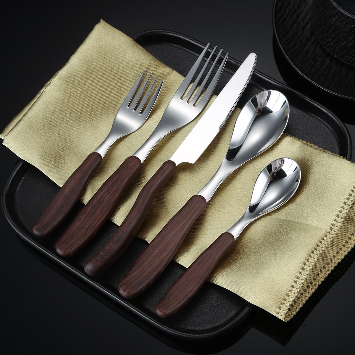 Stainless Steel Wooden Handle Wood Grain Knife Fork Spoon Set for Western Restaurant Home Dessert Spoon Children's Feeding Spoon