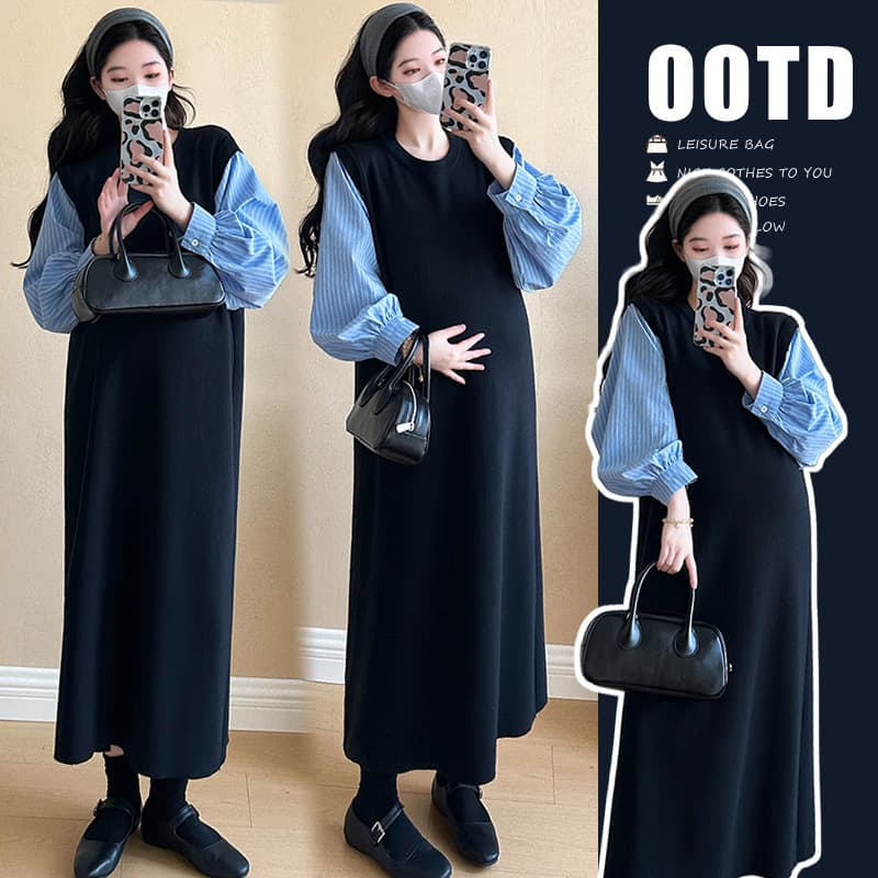 Maternity Dress 2026 Fall New Korean Style Fashionable Faux Two-Piece Patchwork Maternity Dress