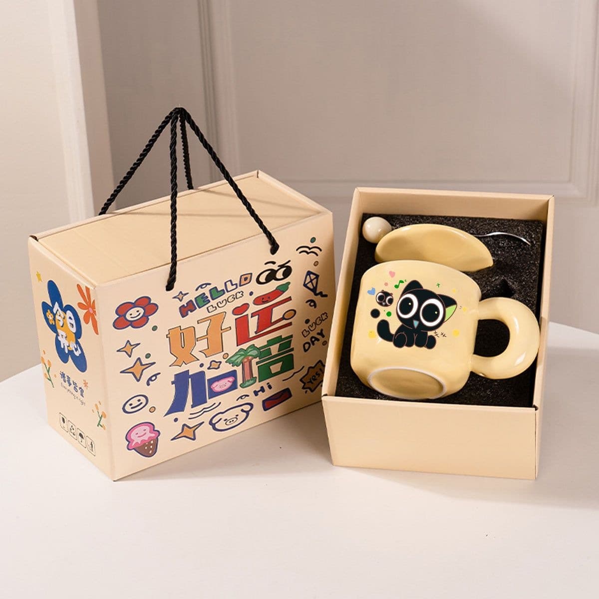 Girls' Cartoon Little Cat Luo Xiaohei Mug fufu Cute Water Cup for Home with Lid Sister Birthday Gift for Friends
